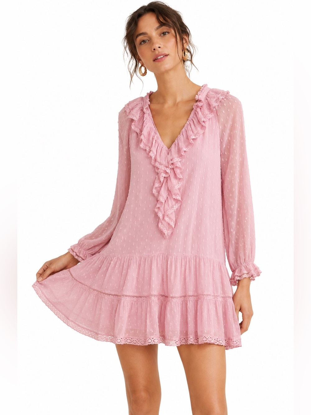 Anthropologie Pink Swiss Dot Ruffle Mini Dress Boho Romantic Cottagecore Large